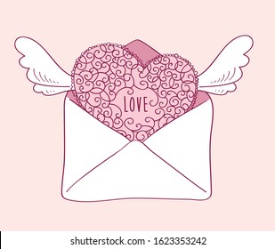 Vintage heart with wings. Valentine in envelope. Greeting card for Valentine's Day, wedding, Mother's Day, birthday. Vector.