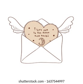 Vintage heart with wings. Valentine in envelope. Greeting card for Valentine's Day, wedding, Mother's Day, birthday. Vector.
