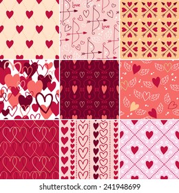Vintage hearts and love symbols seamless patterns set. Valentine's day backgrounds. Wedding theme.