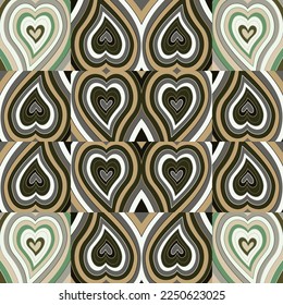 Vintage hearts mosaic seamless pattern. Hippie retro style. 14 february wallpaper. Valentine's Day backdrop. Design for fabric, textile print, wrapping paper, cover, poster. Vector illustration