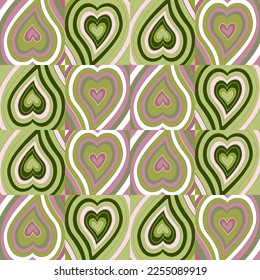 Vintage hearts mosaic seamless pattern. Hippie retro style. 14 february wallpaper. Valentine's Day backdrop. Design for fabric, textile print, wrapping paper, cover, poster. Vector illustration