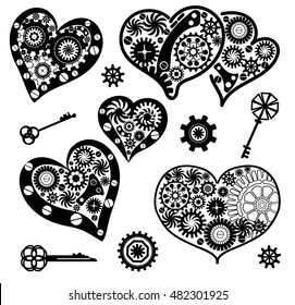 Vintage hearts set. Mechanism made of cogs and gears. Vector Illustration of art elements for card, site. Steampunk style. Tattoo design.