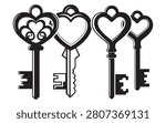 Vintage Heart-Shaped Key Set – Four Ornate Black Skeleton Keys Vector Illustration