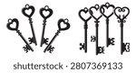 Vintage Heart-Shaped Key Set – Four Ornate Black Skeleton Keys Vector Illustration