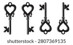 Vintage Heart-Shaped Key Set – Four Ornate Black Skeleton Keys Vector Illustration