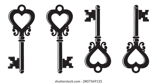 Vintage Heart-Shaped Key Set – Four Ornate Black Skeleton Keys Vector Illustration