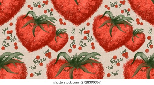Vintage Heart-Shaped Strawberry Seamless Pattern. charming fusion of nature and romance, featuring stylized heart-shaped strawberries in a warm, textured watercolor aesthetic. The design evokes a cozy, rustic feel with its earthy tones and whimsical vine accents, making it perfect for organic branding and textile design.