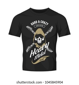 Vintage heavy metal vector logo isolated on dark t-shirt mock up. Premium quality skull in hood logotype tee-shirt emblem illustration. Street wear legendary music style retro hipster tee print design