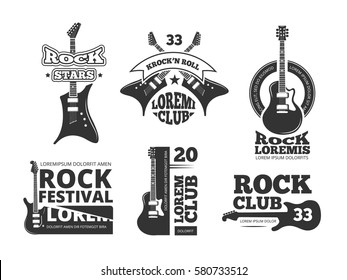 Vintage heavy rock, jazz band, guitar shop, music vector logos and labels set with acoustic guitars. Emblems for rock band or rock festival with electric guitar illustration