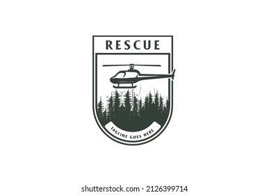 Vintage Helicopter with Pine Evergreen Larch Cedar Conifer Fir Trees Forest for Military Rescue Logo Design Vector