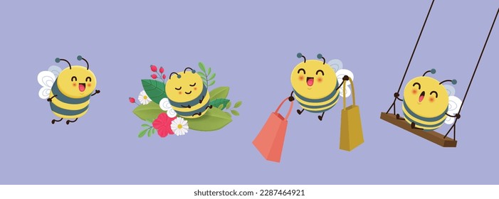 Vintage hello spring design template with bee character set.