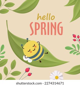 Vintage hello spring greeting banner design template with bee.