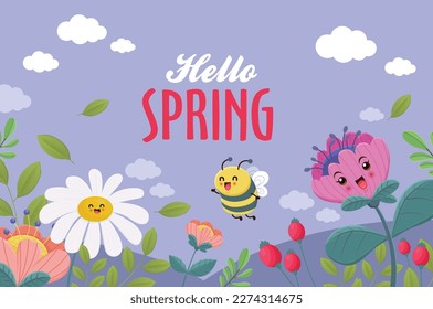 Vintage hello spring greeting banner design template with bee.