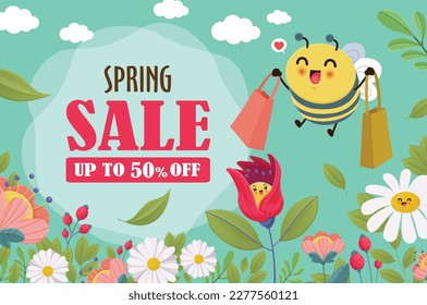 Vintage hello spring greeting banner design template with bee.