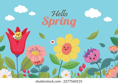 Vintage hello spring greeting banner design template.