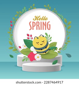 Vintage hello spring greeting banner design template with bee.