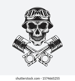 Vintage helmeted skull with cross piston illustration for apparel and other merchandise