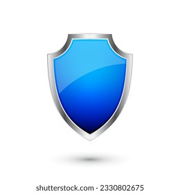 Vintage heraldic 3d shield icon with shiny metal frame. Blue protection, security and defence symbol. Medieval design element. Vector illustration