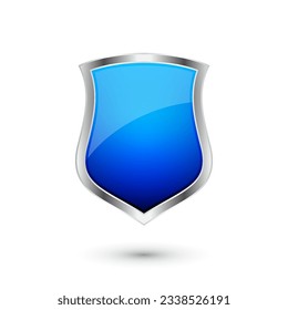 Vintage heraldic 3d shield icon with shiny metal frame. Blue protection, security and defence symbol. Medieval design element. Vector illustration