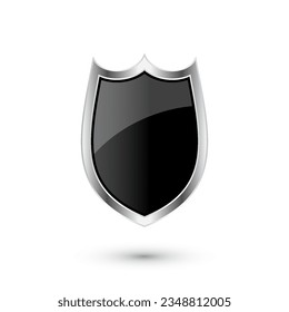 Vintage heraldic 3d shield icon with shiny metal frame. Black protection, security and defence symbol. Medieval design element. Vector illustration