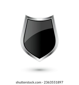 Vintage heraldic 3d shield icon with shiny metal frame. Black protection, security and defence symbol. Medieval design element. Vector illustration
