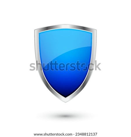 Vintage heraldic 3d shield icon with shiny metal frame. Blue protection, security and defence symbol. Medieval design element. Vector illustration