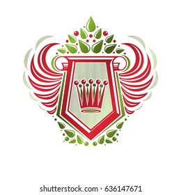 Vintage heraldic coat of arms created with imperial crown and lily flower royal symbol. Eco friendly product symbol, best quality theme illustration, defense shield made with cartouche.