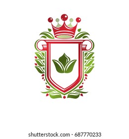 Vintage heraldic coat of arms created with imperial crown and lily flower royal symbol. Eco friendly product symbol, best quality theme illustration, defense shield made with cartouche.