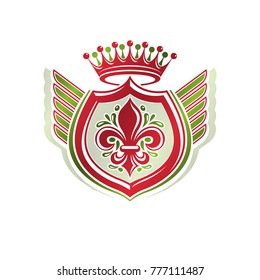 Vintage heraldic coat of arms created with imperial crown and lily flower royal symbol. Eco friendly product symbol, best quality theme illustration, winged defense shield.