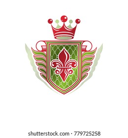 Vintage heraldic coat of arms created with imperial crown and lily flower royal symbol. Eco friendly product symbol, best quality theme illustration, defense shield made with cartouche.