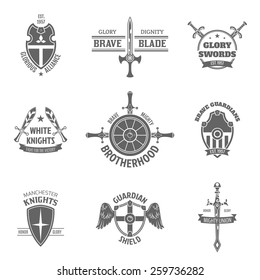 Vintage heraldic coat of arms labels set with swords and guardian shields emblems icons isolated vector illustration