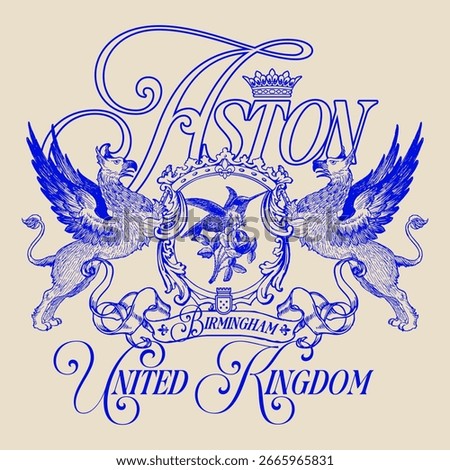 Vintage heraldic crest illustration featuring two majestic griffins holding a shield with a bird and rose. Elegant Aston, Birmingham, United Kingdom lettering in ornate, classic calligraphic style