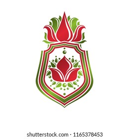 Vintage heraldic emblem created with lily flower royal symbol. Eco friendly product symbol, environment protection theme illustration, decorative shield.