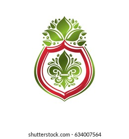 Vintage heraldic emblem created with lily flower royal symbol. Eco product symbol, organic and healthy food theme illustration, decorative protection shield.