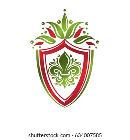 Vintage heraldic emblem created with lily flower royal symbol. Eco product symbol, organic and healthy food theme illustration, decorative protection shield.