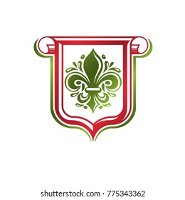 Vintage heraldic emblem created with lily flower royal symbol. Eco product symbol, organic and healthy food theme illustration, protection shield decorated with cartouche. 