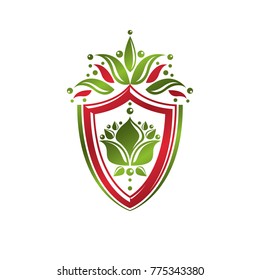 Vintage heraldic emblem created with lily flower royal symbol. Eco product symbol, organic and healthy food theme illustration, decorative protection shield.
