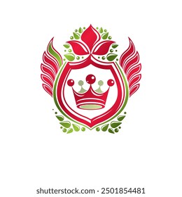 Vintage heraldic emblem created with monarch crown and lily flower royal symbol. Best quality product symbol, organic food theme illustration, winged guard shield. 