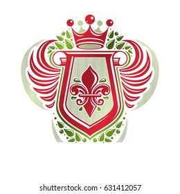 Vintage heraldic emblem created with monarch crown and lily flower royal symbol. Best quality product symbol, organic food theme illustration, winged guard shield made with rolled-up ends.