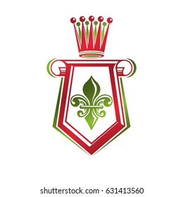 Vintage heraldic emblem created with monarch crown and lily flower royal symbol. Best quality product symbol, organic food theme illustration, guard shield made with cartouche. 