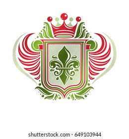 Vintage heraldic emblem created with monarch crown and lily flower royal symbol. Best quality product symbol, organic food theme illustration, winged guard shield made with rolled-up ends.