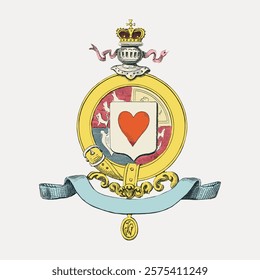 Vintage heraldic emblem with a heart, crown, and shield. Features a ribbon and ornate details. Classic design with heart, crown, and shield elements. Isolated vintage art illustration vector element.