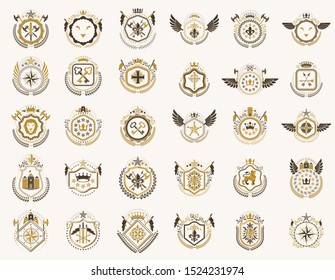 Vintage heraldic emblems vector big set, antique heraldry symbolic badges and awards collection, classic style design elements, family emblems.