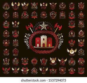 Vintage heraldic emblems vector big set, antique heraldry symbolic badges and awards collection, classic style design elements, family emblems.