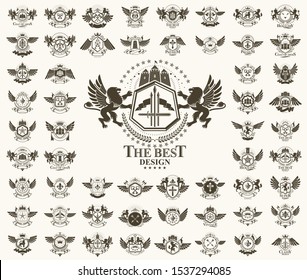 Vintage heraldic emblems vector big set, antique heraldry symbolic badges and awards collection, classic style design elements, family emblems.