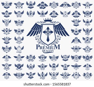 Vintage heraldic emblems vector big set, antique heraldry symbolic badges and awards collection, classic style design elements, family emblems.