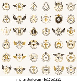Vintage heraldic emblems vector big set, antique heraldry symbolic badges and awards collection, classic style design elements, family emblems.