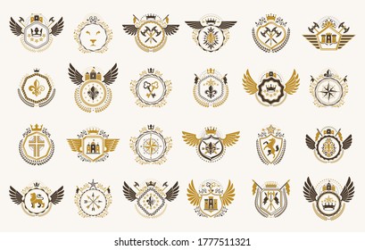 Vintage heraldic emblems vector big set, antique heraldry symbolic badges and awards collection, classic style design elements, family emblems.