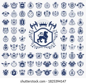 Emblemas herálicos vintage vectorial gran set, insignias simbólicas herálicas antiguas y colección de premios, elementos de diseño de estilo clásico, emblemas familiares.