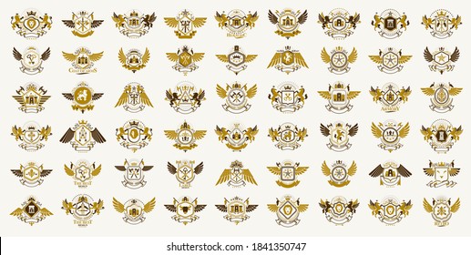 Emblemas herálicos vintage vectorial gran set, insignias simbólicas herálicas antiguas y colección de premios, elementos de diseño de estilo clásico, emblemas familiares.